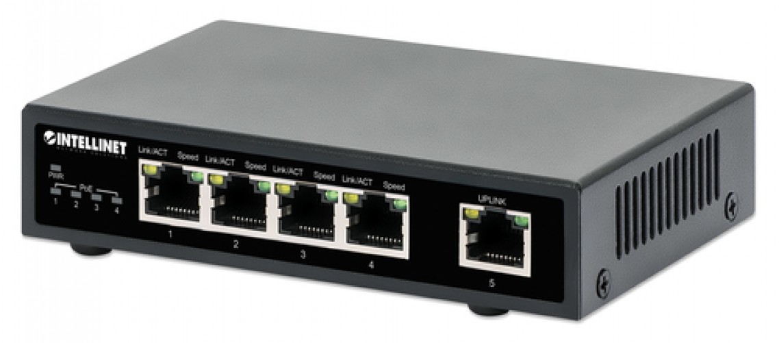 Switch Intellinet Switch PoE+ con 5 puertos Gigabit RJ-45 5, Gigabit Ethernet (10/100/1000), 4 POE, Negro
