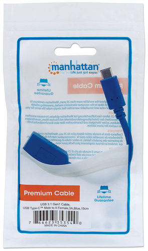 Miniatura 2 de EXTENSOR Manhattan Cable para Dispositivos USB-C de SúperVelocidad 0.15 m, USB C a USB A, Macho/Hembra, 5000 Mbit/s, Azul