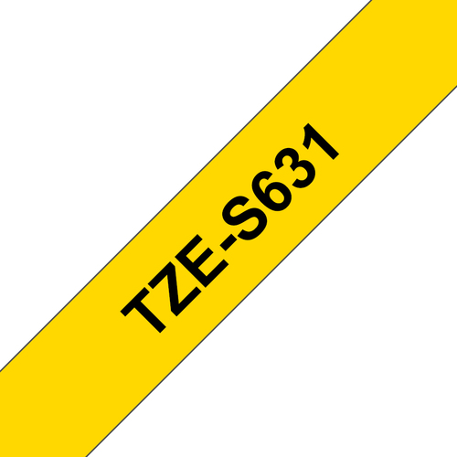 Etiqueta amarilla continua laminada con adhesivo super resistente Brother TZES631, de 12 mm de ancho x 8 mts de largo.