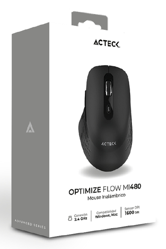 Miniatura 2 de Mouse Acteck Optimize Flow MI480 Óptico, 6 Botones, 1600 DPI, RF inalámbrico, 10 m, Negro