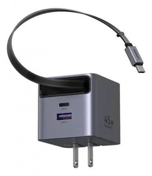 Cargador UGREEN Nexode Pro 45W, GaN, USB-C, USB-A, Carga Rapida, Cable Retractil USB-C, Negro/Gris