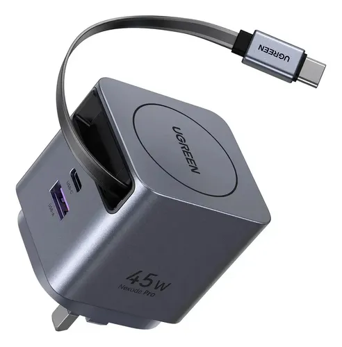 Miniatura 3 de Cargador UGREEN Nexode Pro 45W, GaN, USB-C, USB-A, Carga Rapida, Cable Retractil USB-C, Negro/Gris