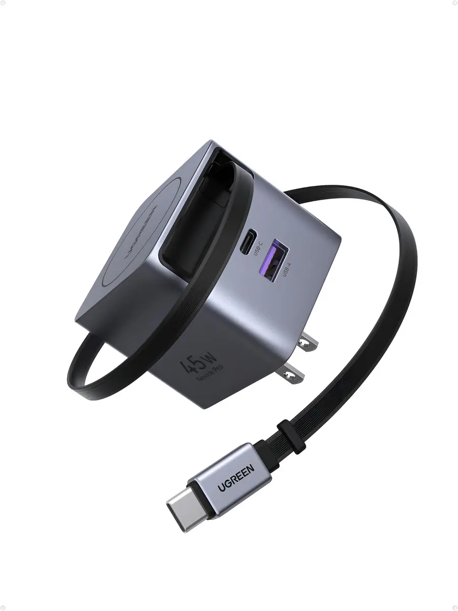 Miniatura 2 de Cargador UGREEN Nexode Pro 45W, GaN, USB-C, USB-A, Carga Rapida, Cable Retractil USB-C, Negro/Gris