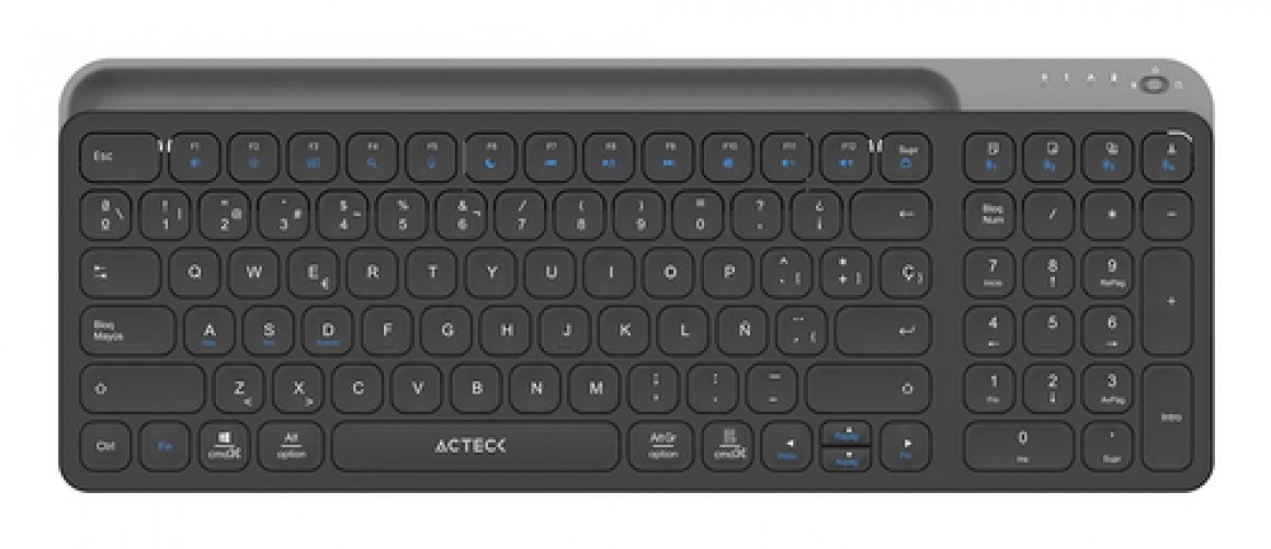 Teclado Acteck Inspire Trek TI747 Español, Inalámbrico, RF inalámbrico + bluetooth, Interruptor de llave de tijera, Negro, Gris