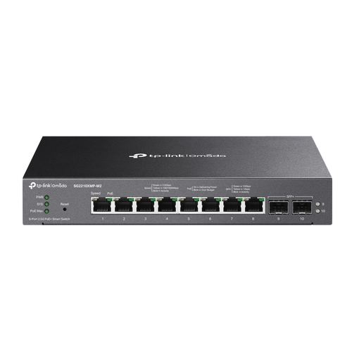 Switch TP-Link Omada SG2210XMP-M2 Gestionado, L2/L2+, RJ-45 8, 2.5G Ethernet (100/1000/2500), (PoE +) 8, Montaje en escritorio/pared, Negro