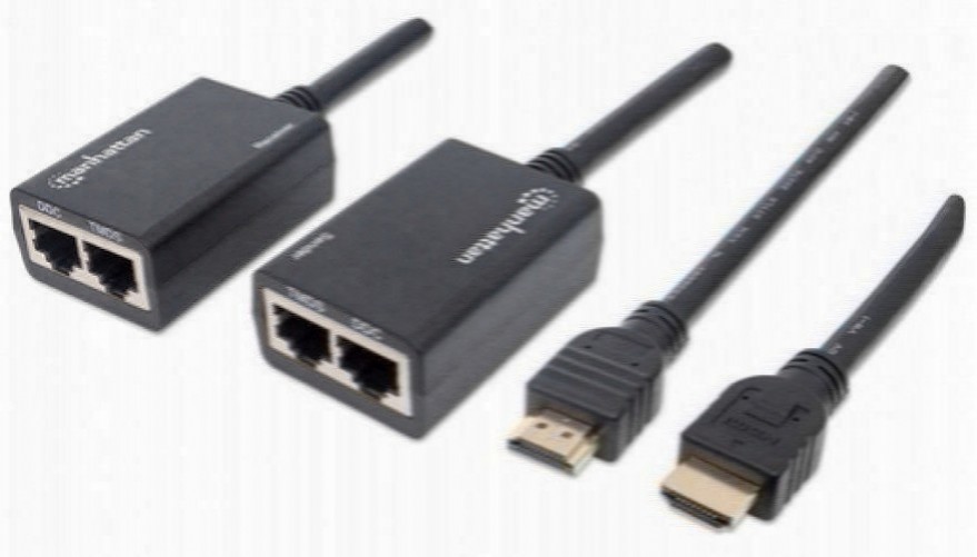 EXTENSOR Manhattan Extensor de HDMI por Cat5e/Cat6 Transmisor y receptor de red, Hasta 30 m, Negro