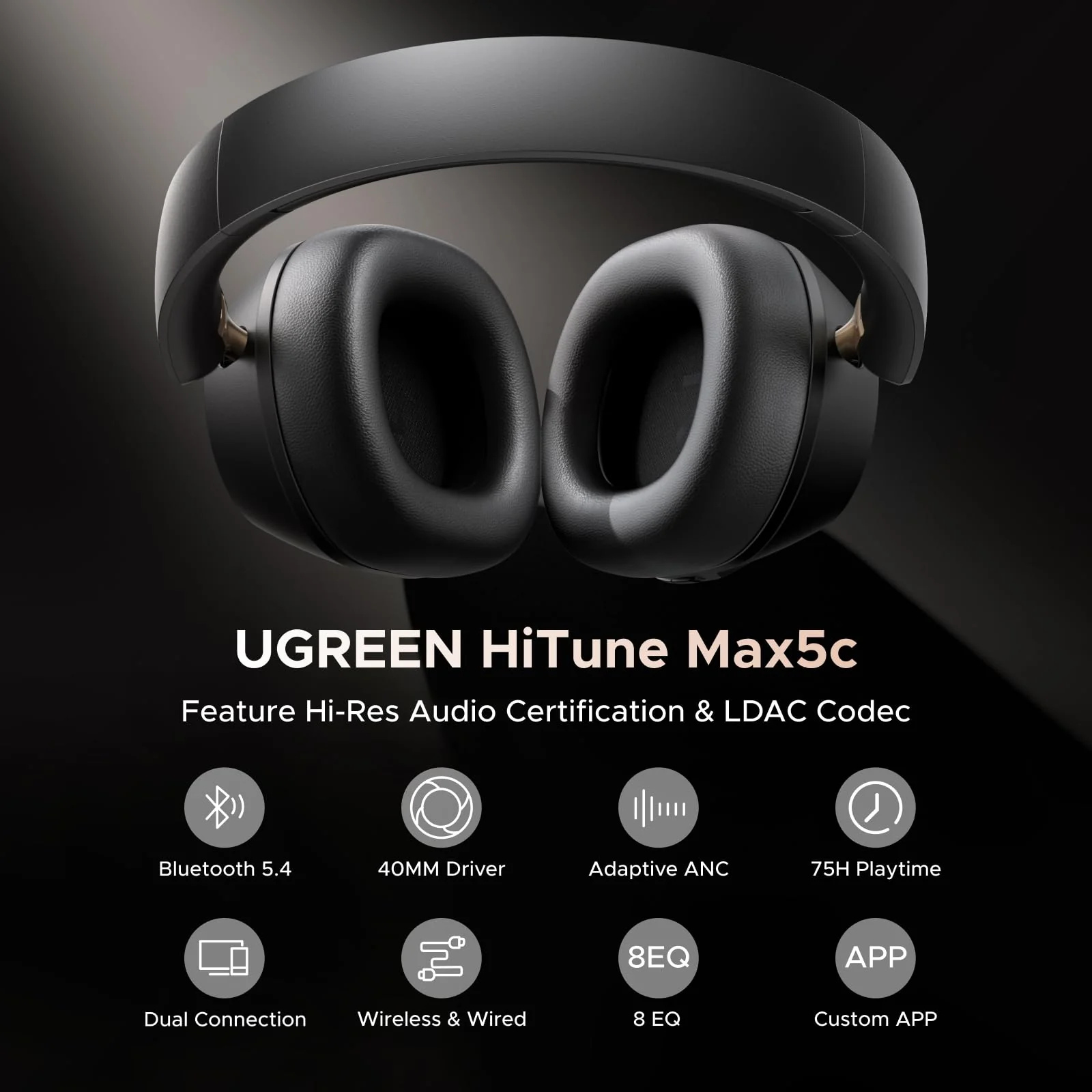 Miniatura 5 de Diadema UGREEN HiTune MAX 5C, Bluetooth 5.4, Hasta 75h de Autonomia, Carga USB-C, Cancelacion de Ruido, Negro