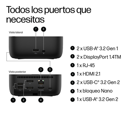 Miniatura 2 de HP DOCKING STATION (9X3V1UT#ABM) USB-C 100W G6,Puertos 2 USB A; 1 HDMI 2.1; 2 DisplayPort 1.4; 1 RJ-45 ; 1 USB C, S.O. compatibles Win 11/10; MacOS; Chrome