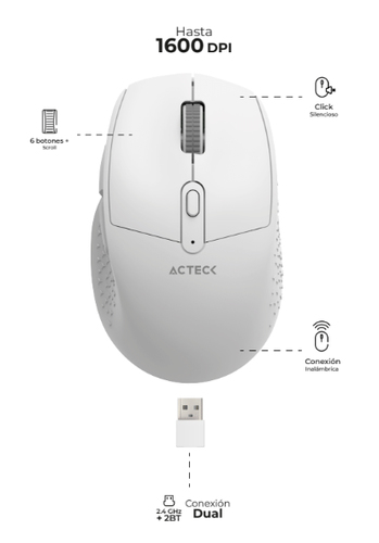 Mouse Acteck OPTIMIZE ERGO MI 680 Óptico, 6 Botones, 1600 DPI, RF inalámbrico, Blanco