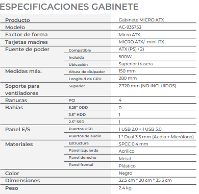 Miniatura 3 de Gabinete Acteck FUSION II, Micro Tower, Micro ATX/Mini-ITX, Ventana lateral, RGB, Fuente 500w, Negro